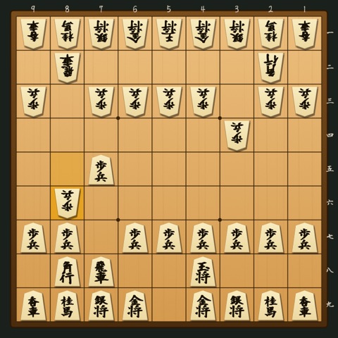 石田流 対 居飛車・8筋急戦〔▲7四歩返り討ち型〕 の局面図