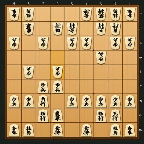 四間飛車 対 居飛車急戦（舟囲い・棒銀）〔△6五歩早仕掛け型〕 の局面図